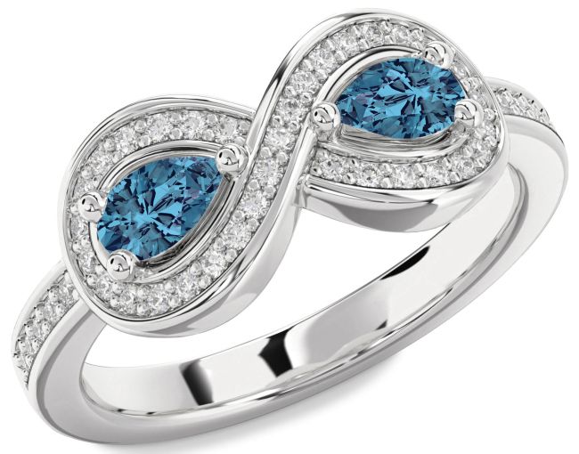 Blue Diamond Silver Infinity Pear Two Stone Ring