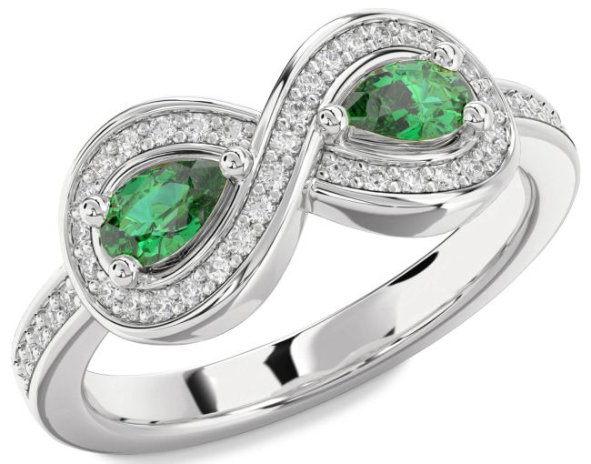 Diamond Emerald Silver Infinity Pear Two Stone Birthstone Ring