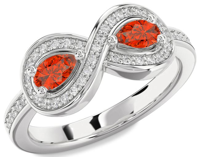Diamond Fire Opal Silver Infinity Pear Two Stone Ring