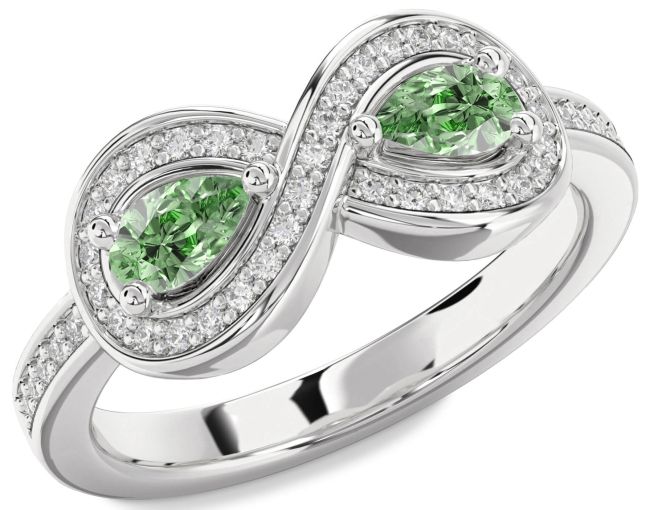Green Diamond Silver Infinity Pear Two Stone Ring
