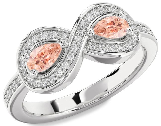 Diamond Morganite Silver Infinity Pear Two Stone Ring