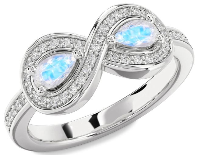 Diamond Moonstone Silver Infinity Pear Two Stone Ring