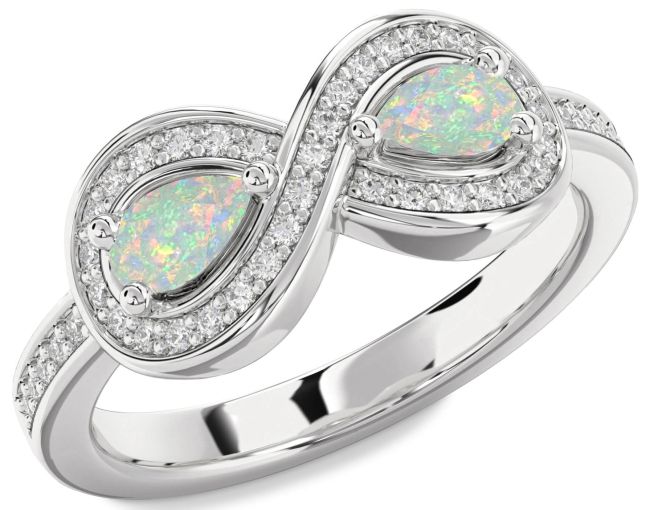 Diamond Opal Silver Infinity Pear Two Stone Birthstone Ring