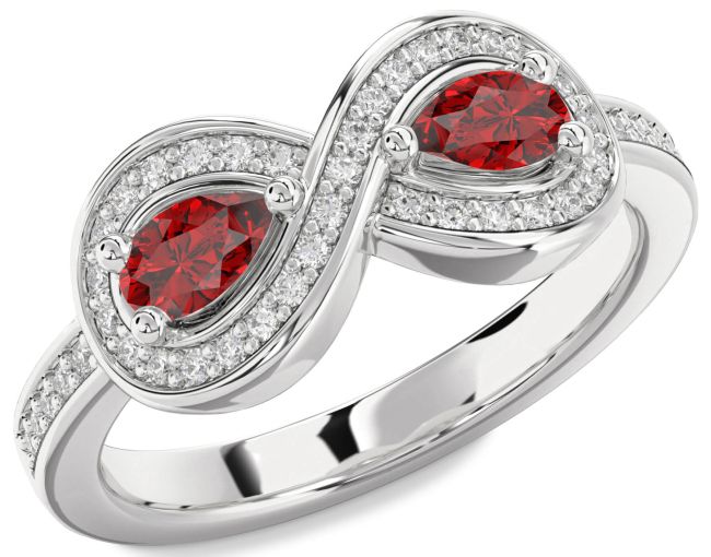 Diamond Ruby Silver Infinity Pear Two Stone Birthstone Ring