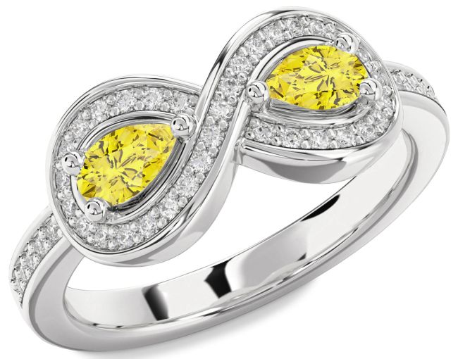 Yellow Diamond Silver Infinity Pear Two Stone Ring