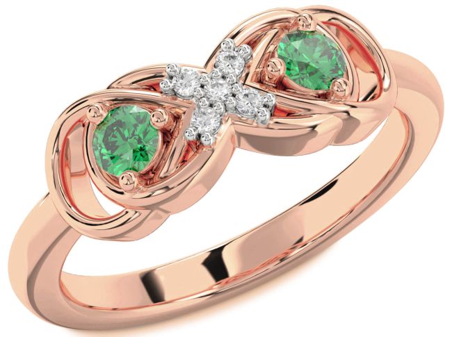 Diamond Emerald Rose Gold Infinity Round Two Stone Birthstone Ring