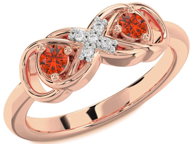 Diamond Fire Opal Rose Gold Infinity Round Two Stone Ring