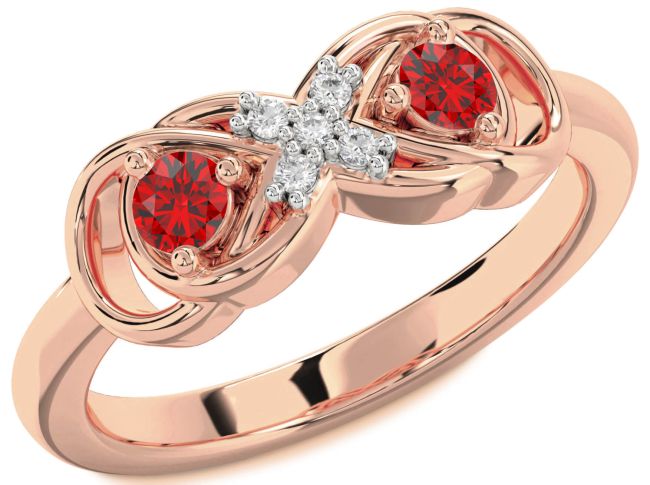 Diamond Ruby Rose Gold Infinity Round Two Stone Birthstone Ring