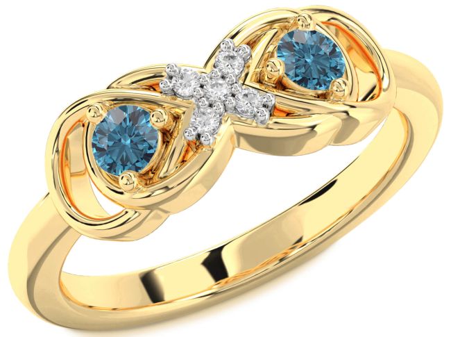 Blue Diamond Gold Silver Infinity Round Two Stone Ring