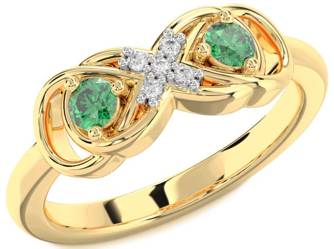 Diamond Emerald Gold Infinity Round Two Stone Birthstone Ring