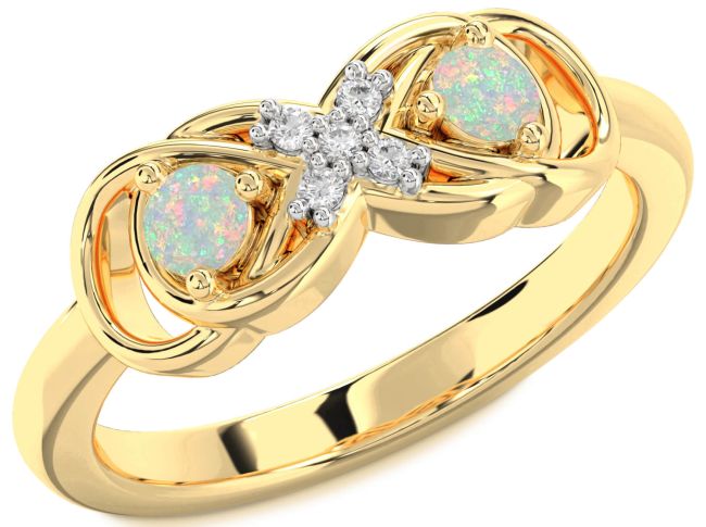 Diamond Opal Gold Infinity Round Two Stone Birthstone Ring