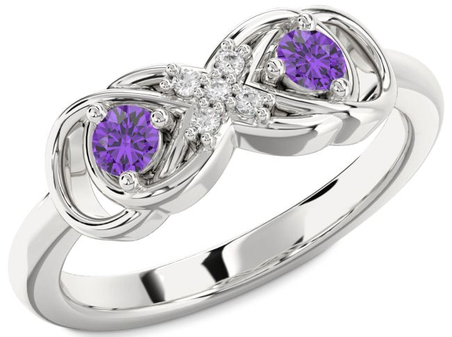 Diamond Amethyst Silver Infinity Round Two Stone Birthstone Ring