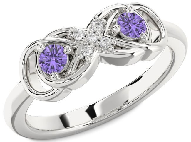 Diamond Alexandrite Silver Infinity Round Two Stone Birthstone Ring
