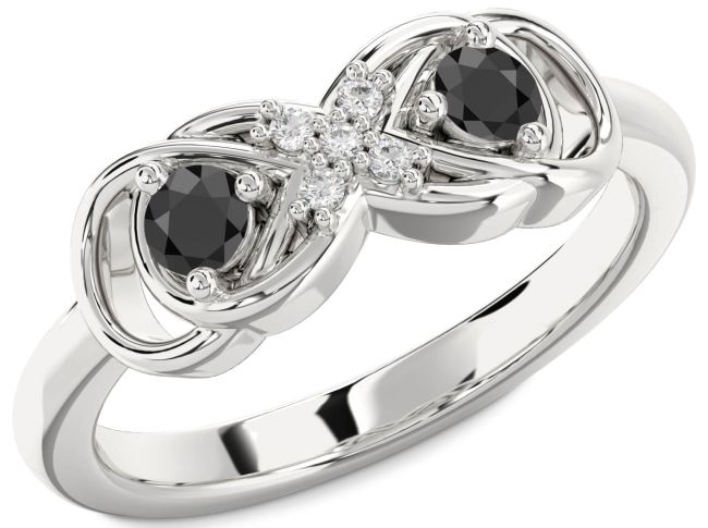 Diamond Black Onyx Silver Infinity Round Two Stone Ring