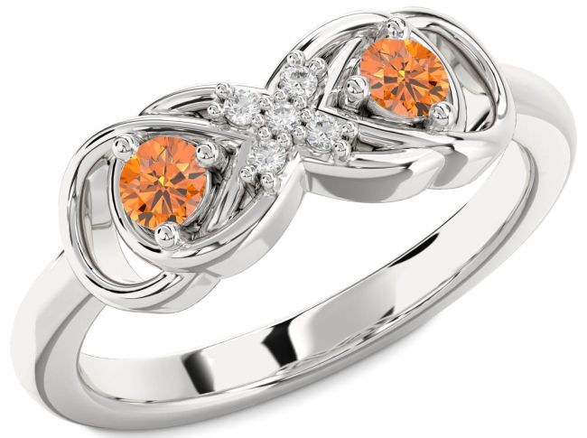 Diamond Citrine Silver Infinity Round Two Stone Birthstone Ring