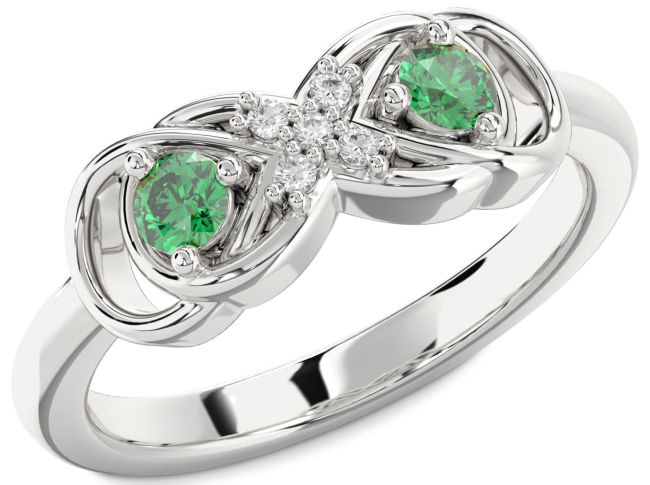 Diamond Emerald Silver Infinity Round Two Stone Birthstone Ring