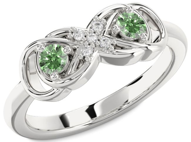 Green Diamond Platinum Infinity Round Two Stone Ring