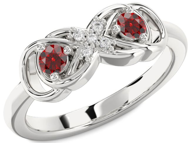 Diamond Garnet Silver Infinity Round Two Stone Birthstone Ring