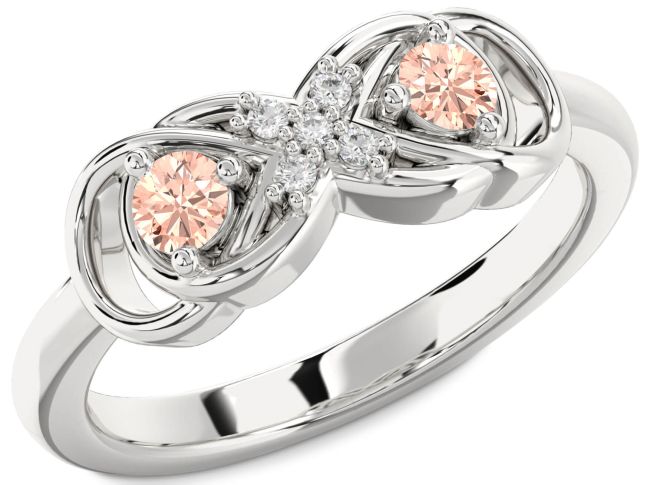 Diamond Morganite Silver Infinity Round Two Stone Ring