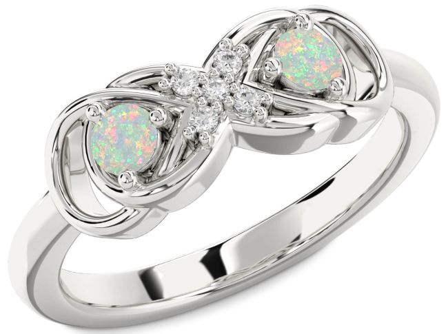 Diamond Opal Silver Infinity Round Two Stone Birthstone Ring