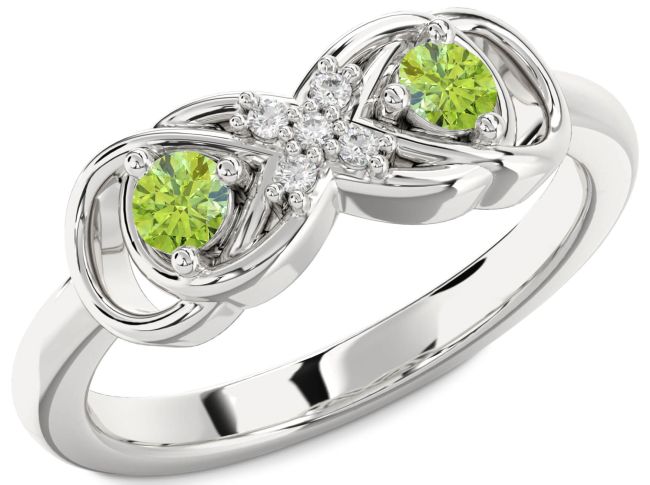 Diamond Peridot Silver Infinity Round Two Stone Birthstone Ring