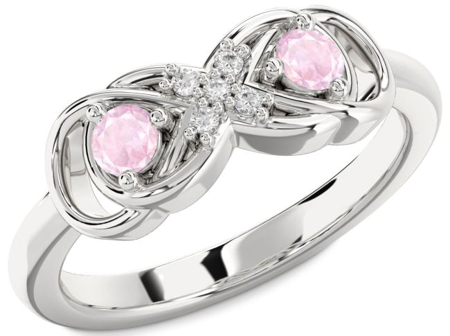 Diamond Rose Quartz Silver Infinity Round Two Stone Ring