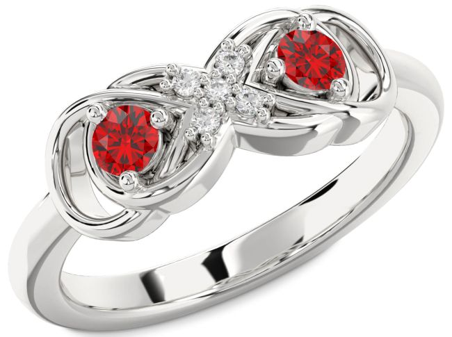 Diamond Ruby Silver Infinity Round Two Stone Birthstone Ring