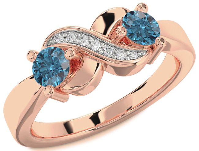 Blue Diamond Rose Gold Silver Infinity Round Two Stone Ring