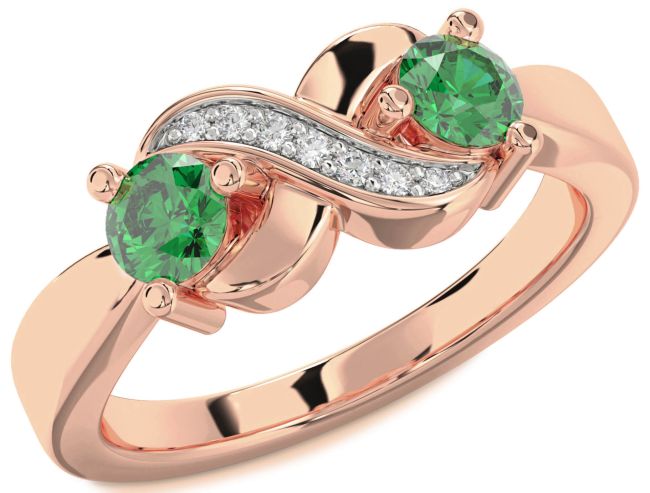 Diamond Emerald Rose Gold Infinity Round Two Stone Birthstone Ring