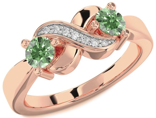 Green Diamond Rose Gold Silver Infinity Round Two Stone Ring