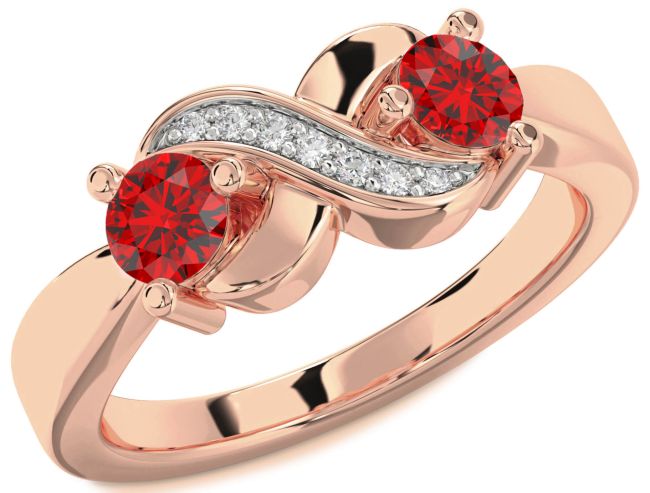 Diamond Ruby Rose Gold Infinity Round Two Stone Birthstone Ring