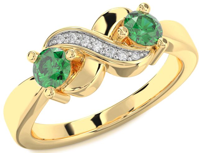 Diamond Emerald Gold Infinity Round Two Stone Birthstone Ring