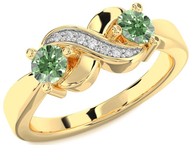 Green Diamond Gold Silver Infinity Round Two Stone Ring