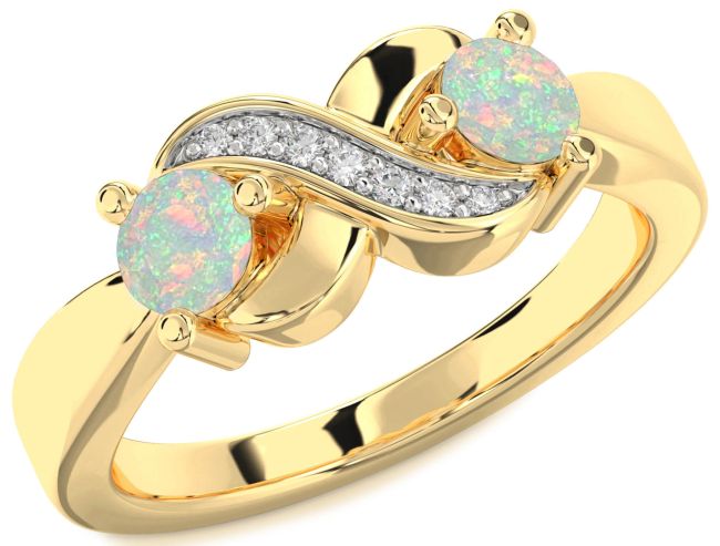 Diamond Opal Gold Infinity Round Two Stone Birthstone Ring