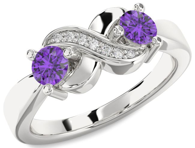 Diamond Amethyst Silver Infinity Round Two Stone Birthstone Ring