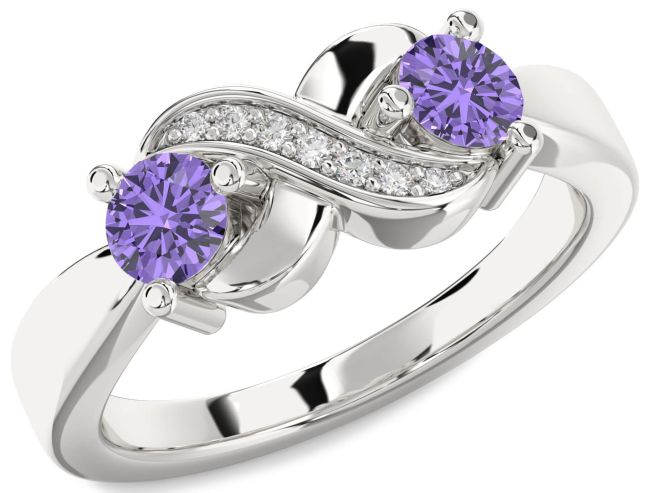 Diamond Alexandrite Silver Infinity Round Two Stone Birthstone Ring