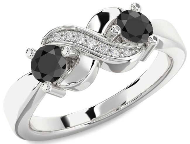 Diamond Black Onyx Silver Infinity Round Two Stone Ring