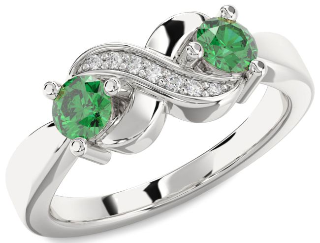 Diamond Emerald Silver Infinity Round Two Stone Birthstone Ring