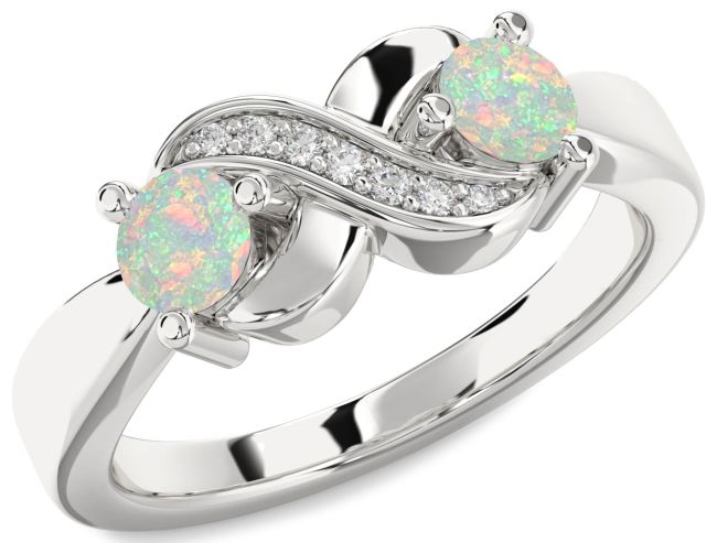 Diamond Opal Silver Infinity Round Two Stone Birthstone Ring