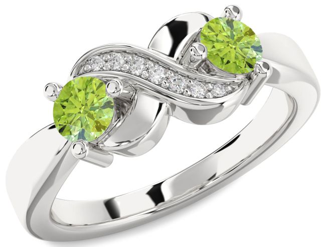 Diamond Peridot Silver Infinity Round Two Stone Birthstone Ring