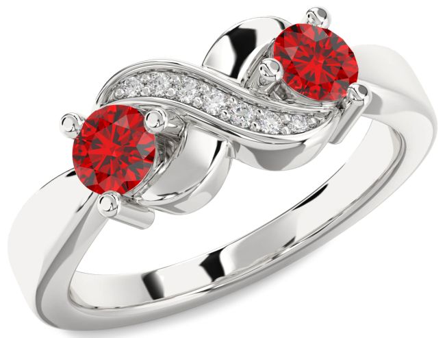 Diamond Ruby Silver Infinity Round Two Stone Birthstone Ring