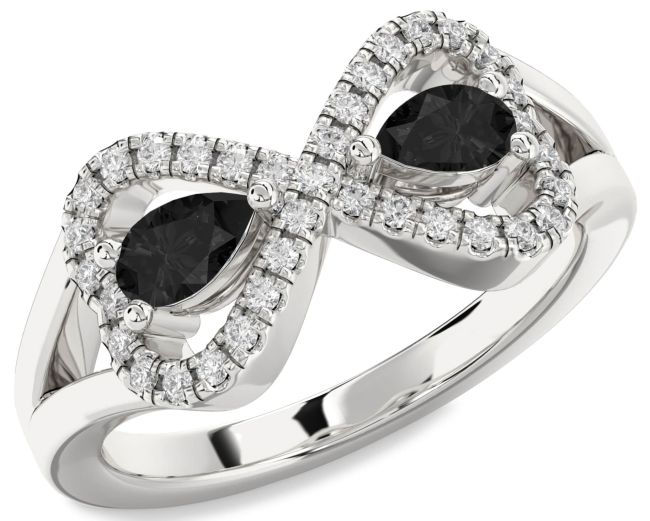 Black Diamond Silver Infinity Heart Two Stone Ring