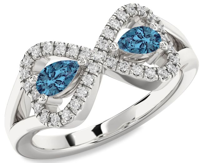 Blue Diamond Silver Infinity Heart Two Stone Ring