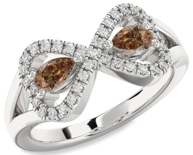 Chocolate Brown Diamond Silver Infinity Heart Two Stone Ring