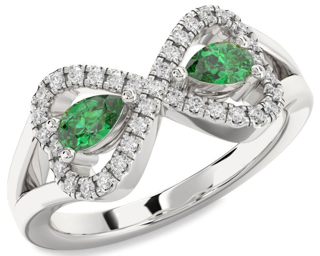 Diamond Emerald Silver Infinity Heart Two Stone Birthstone Ring