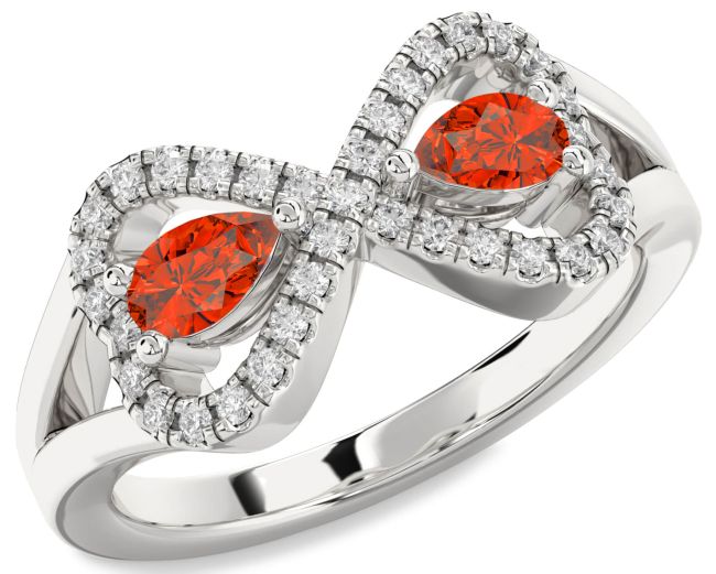 Diamond Fire Opal Silver Infinity Heart Two Stone Ring