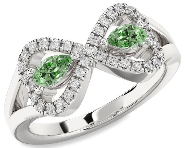 Green Diamond Silver Infinity Heart Two Stone Ring
