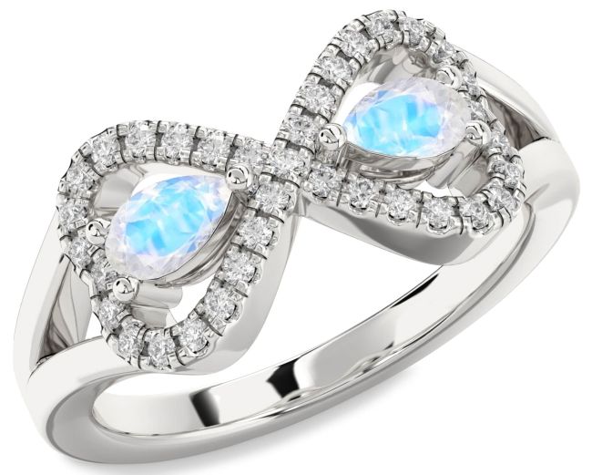 Diamond Moonstone Silver Infinity Heart Two Stone Ring
