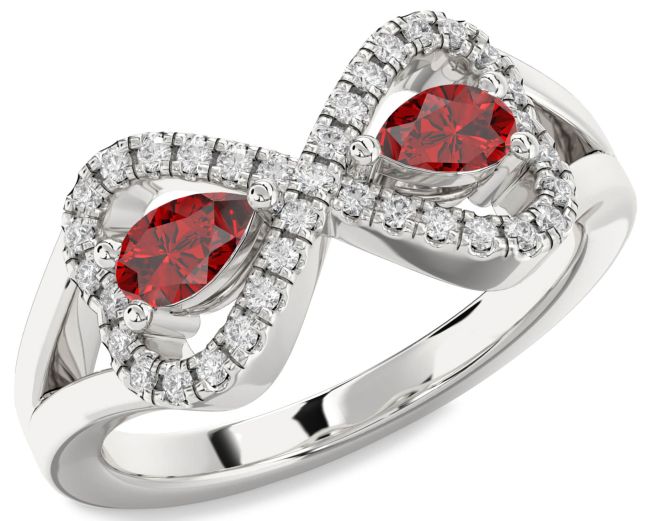 Diamond Ruby Silver Infinity Heart Two Stone Birthstone Ring