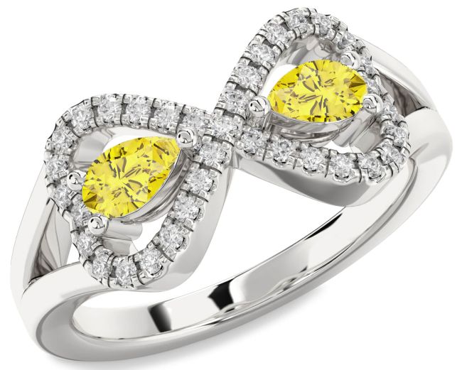 Yellow Diamond Silver Infinity Heart Two Stone Ring